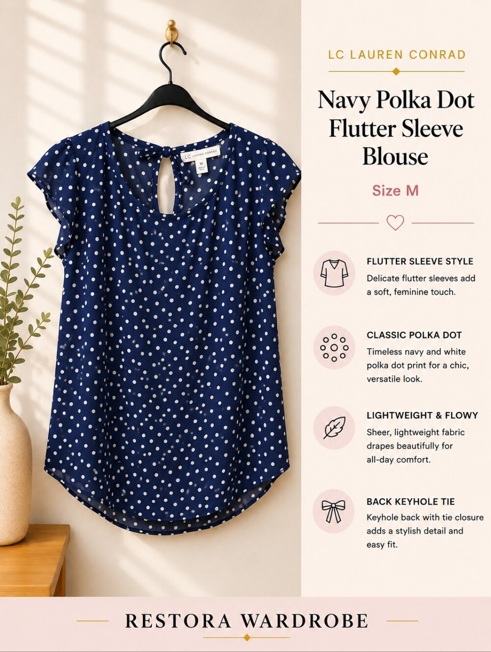 LC Lauren Conrad Navy White Polka Dot Tie Back Blouse Size M